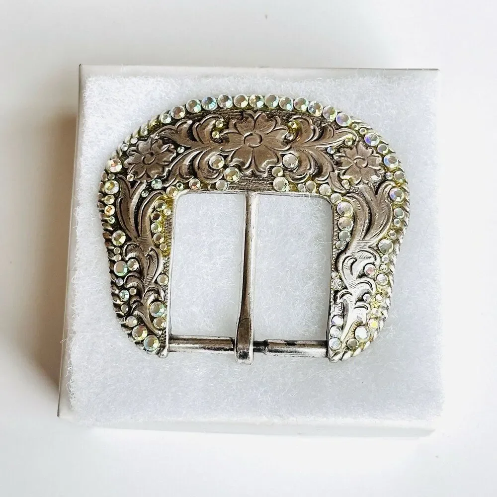 Western Belt Buckle Iridescent Aurora Borealis Rhinestones Y2K 90s Vintage Rodeo